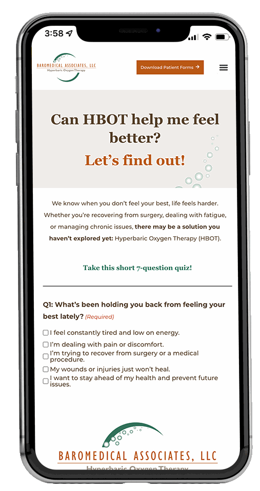 Baromedical Associates LLC HBOT Quiz on Mobile Screen for Better Health